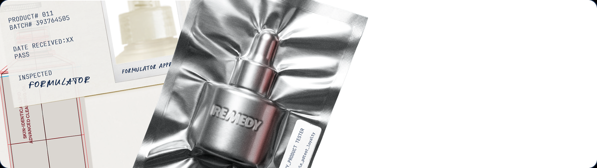 REMEDY product tester sample pouch and lab notes